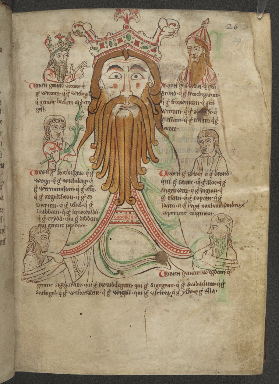 Puuvilla Caligula A. VIII, f.29 Piirustus Wodenista jälkeläistensä ympäröimänä; traktaatissa Heptarchysta, n. 1153-66 (vellum) tekijältä English School