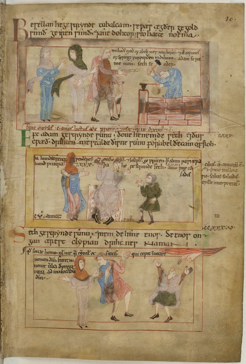 Puuvilla Claudius B IV fol.10 Lamech ja hänen kaksi vaimoaan ja hänen poikansa Tubalcain, seppä, töissä (vellum) tekijältä English School