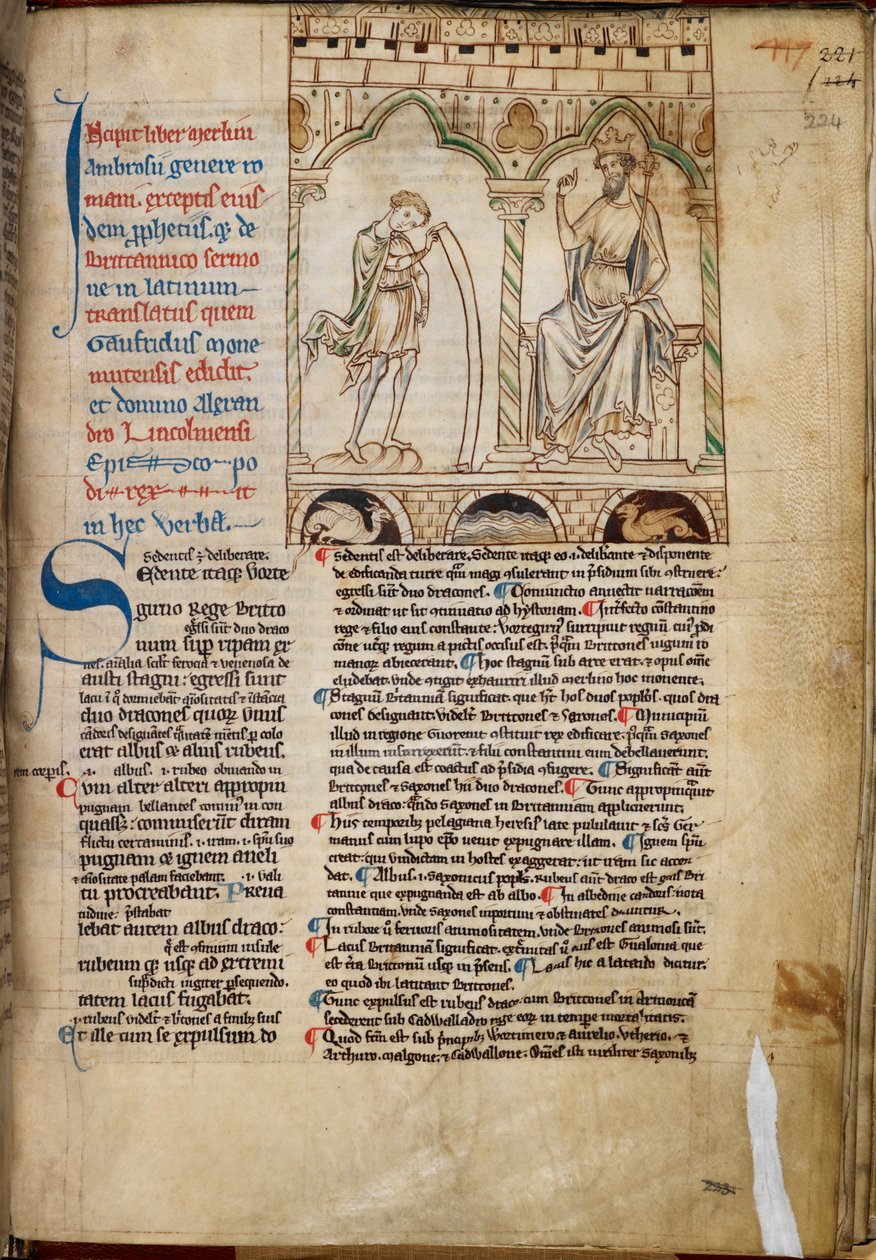 Cotton Claudius B. VII, f.224 Poika Merlin profetoimassa kuningas Vortigernin edessä, kuva julkaisusta "Prophecies of Merlin", kirjoittanut Geoffrey of Monmouth, n. 1250 (vellum) tekijältä English School
