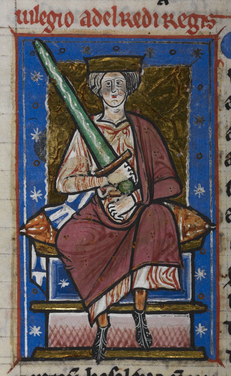 Cotton Claudius B. VI, f.87v Ethelred the Unready miekalla, Abingdonin kronikasta, n.1220 (vellum) tekijältä English School