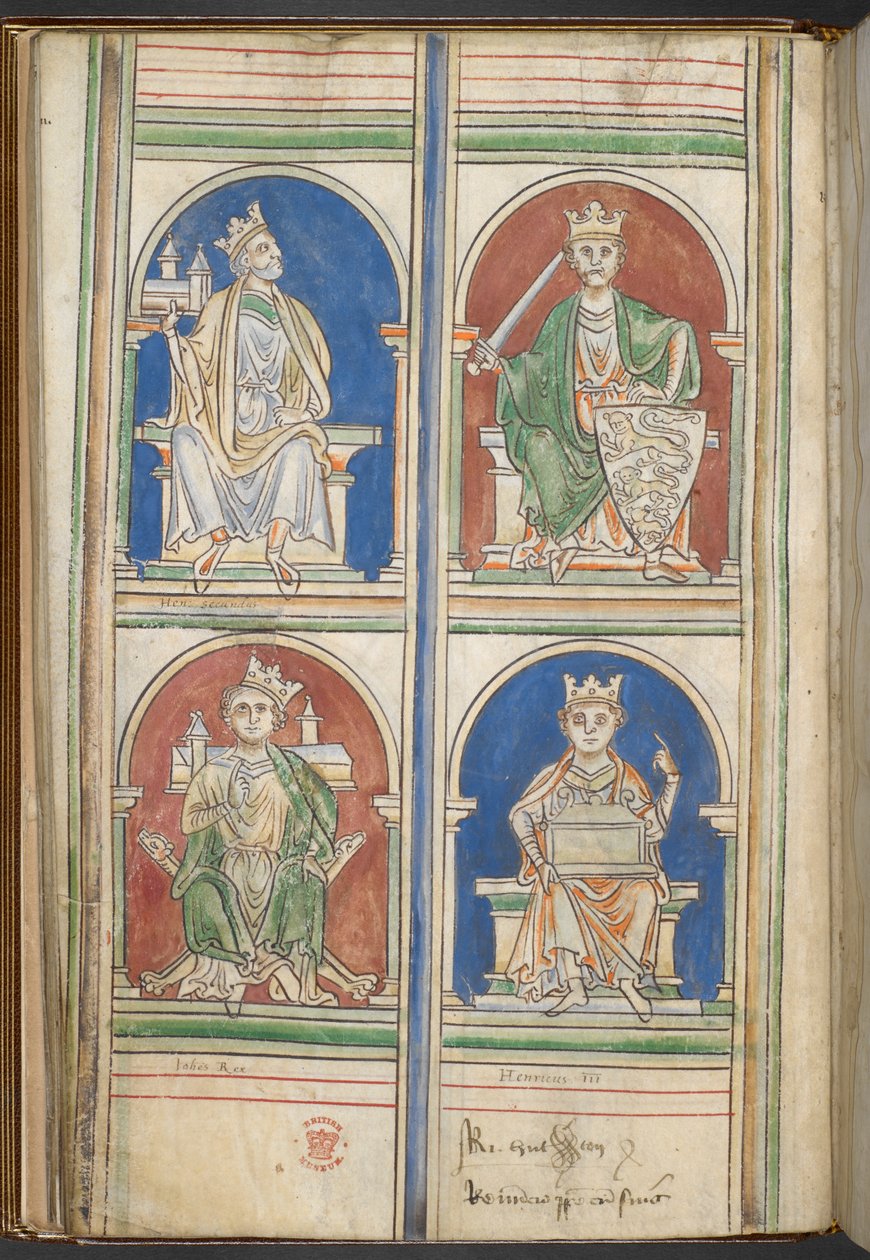 Cotton Claudius D VI f.9v Englannin neljä kuningasta: Henrik II, Richard I, Johannes ja Henrik III Englannin kuninkaista Brutusta Henrik III:aan, kirjoittanut Matthew Paris, n. 1250-59 (vellum) tekijältä English School