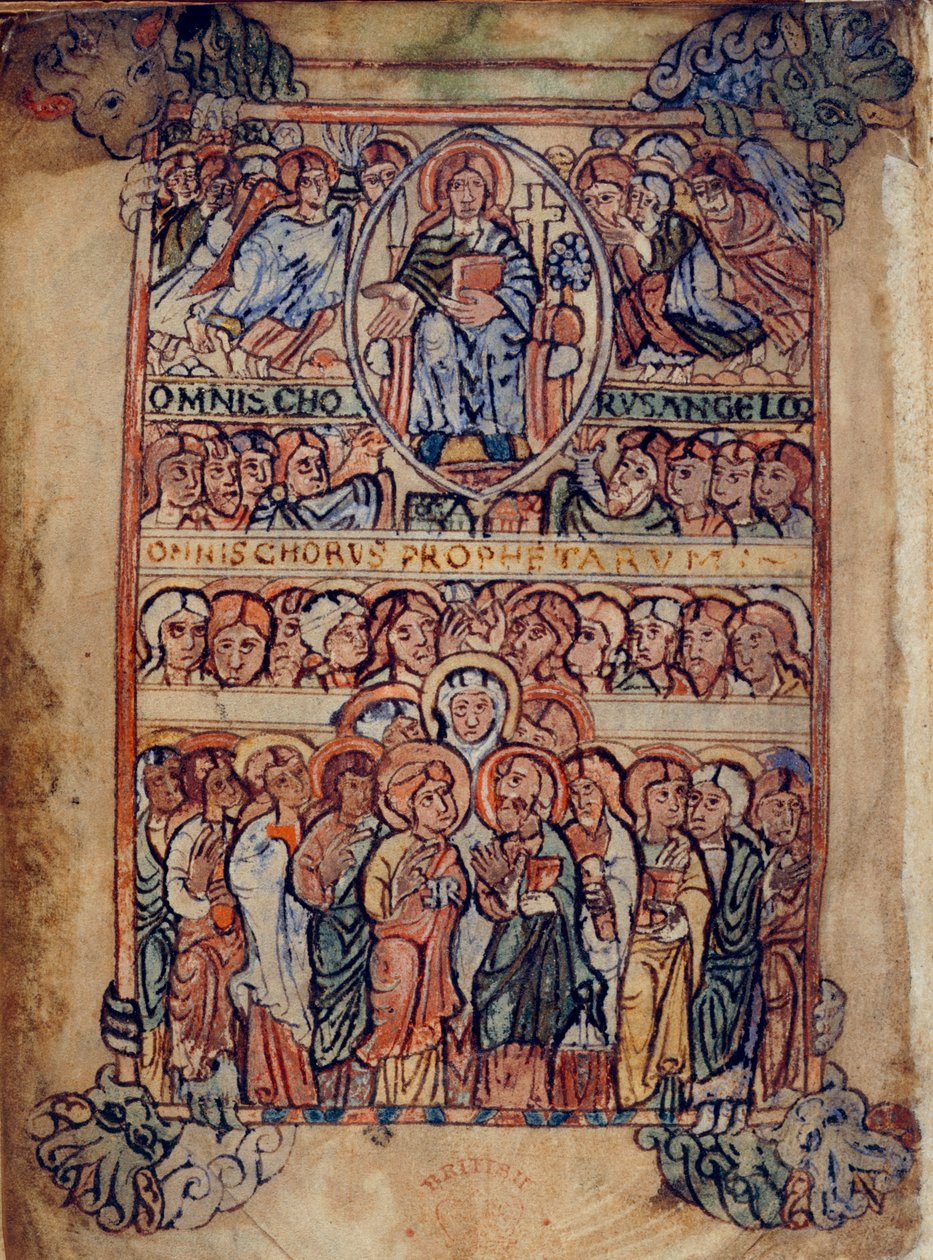 Cotton Galba A. XVIII, f.2v Kristus Majesteetissa kärsimyksen välineiden ja enkelien ja profeettojen kuorojen ympäröimänä, kuva Athelstan Psalterista (vellum) tekijältä English School