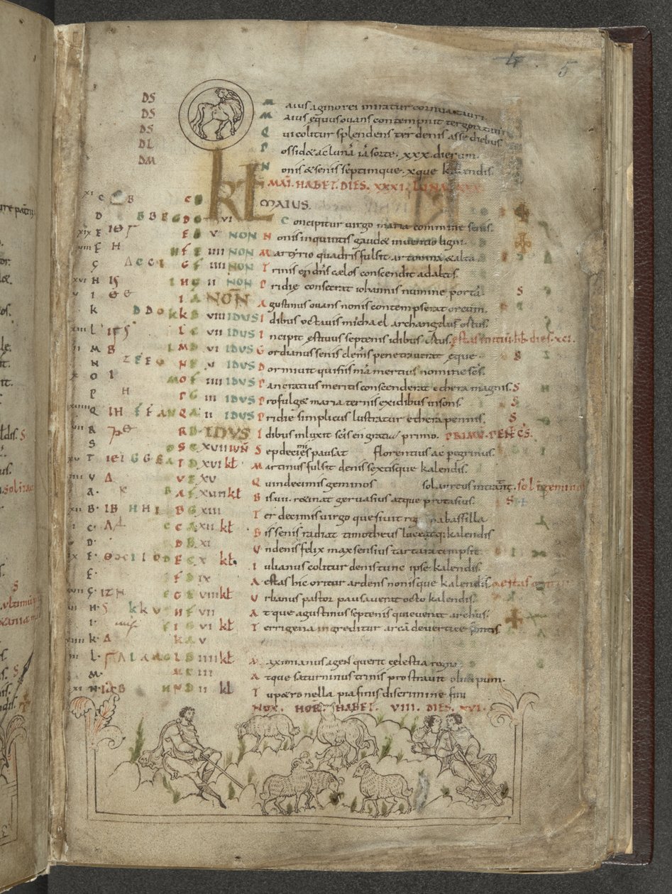 Puuvilla Julius A. VI, f.5, Toukokuun kalenterisivu: Paimenet ja lauma (vellum) tekijältä English School