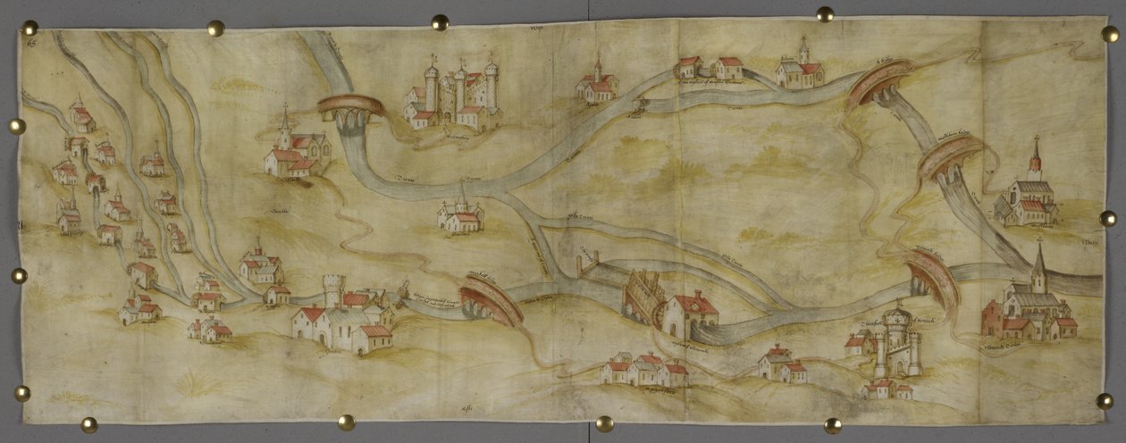 Puuvilla MS Augustus I i 65 Kartta Trent-joesta ja sen sivujoista Nottinghamin ja Newarkin välillä, n. 1540 (kynä ja muste vesivärillä paperilla) tekijältä English School