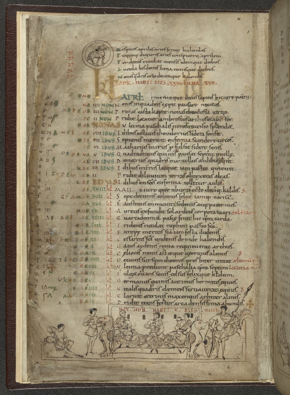 Puuvilla MS Julius A. VI, f.4v, huhtikuun kalenterisivu: Pituuskohtaus kolmen aatelisen kanssa (vellum) tekijältä English School