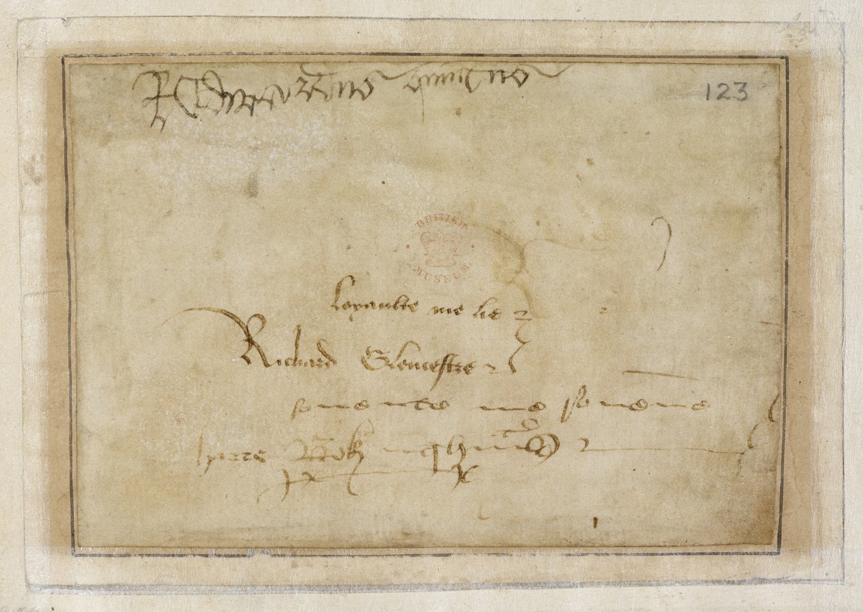 Cotó MS Vespasià F XIII f.123 Signatura "loyalty me lie" de Richard al costat de la signatura finlandesa d