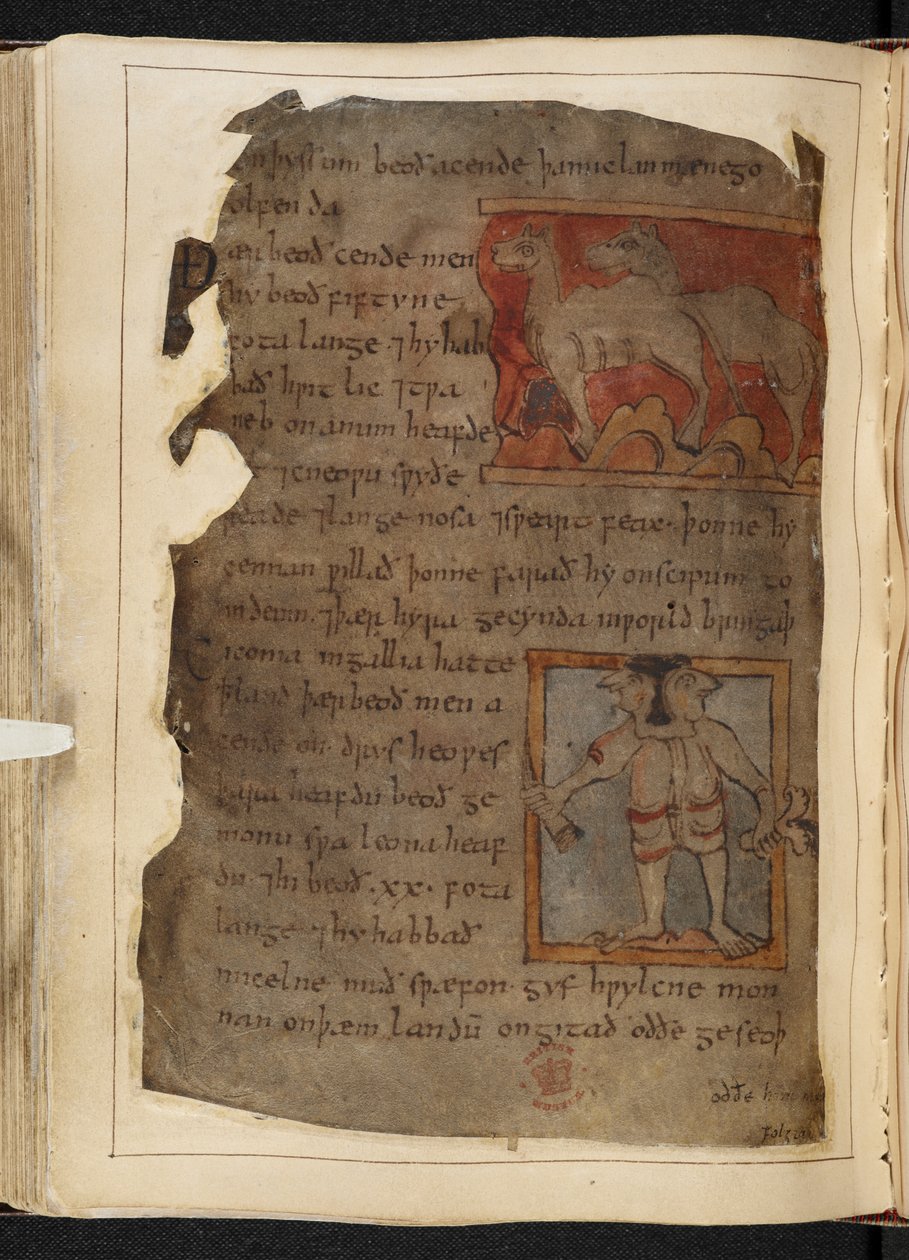 Puuvilla MS Vitellius A XV f.101v, Beowulf, Nowell Codexista (muste pergamentille) tekijältä English School