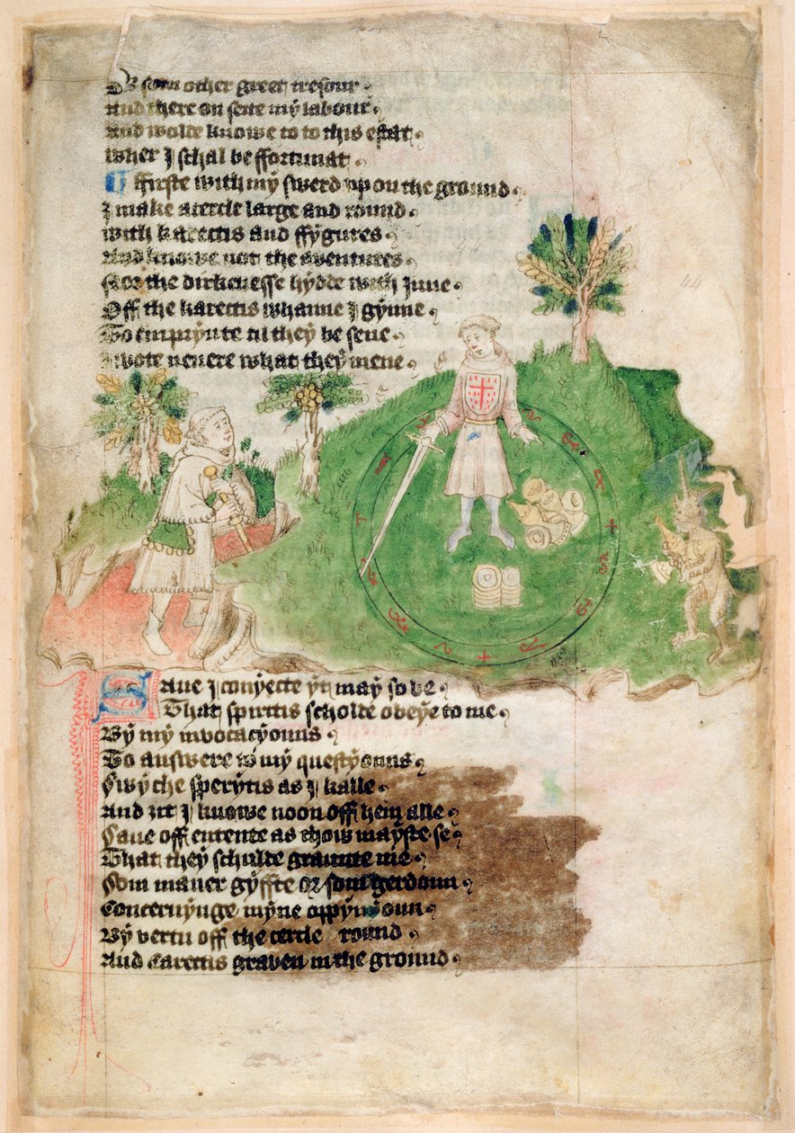 Puuvilla Ms Tiberius A vii fol.44 Demonit tuomassa aarteita taikurille (vellum) tekijältä English School