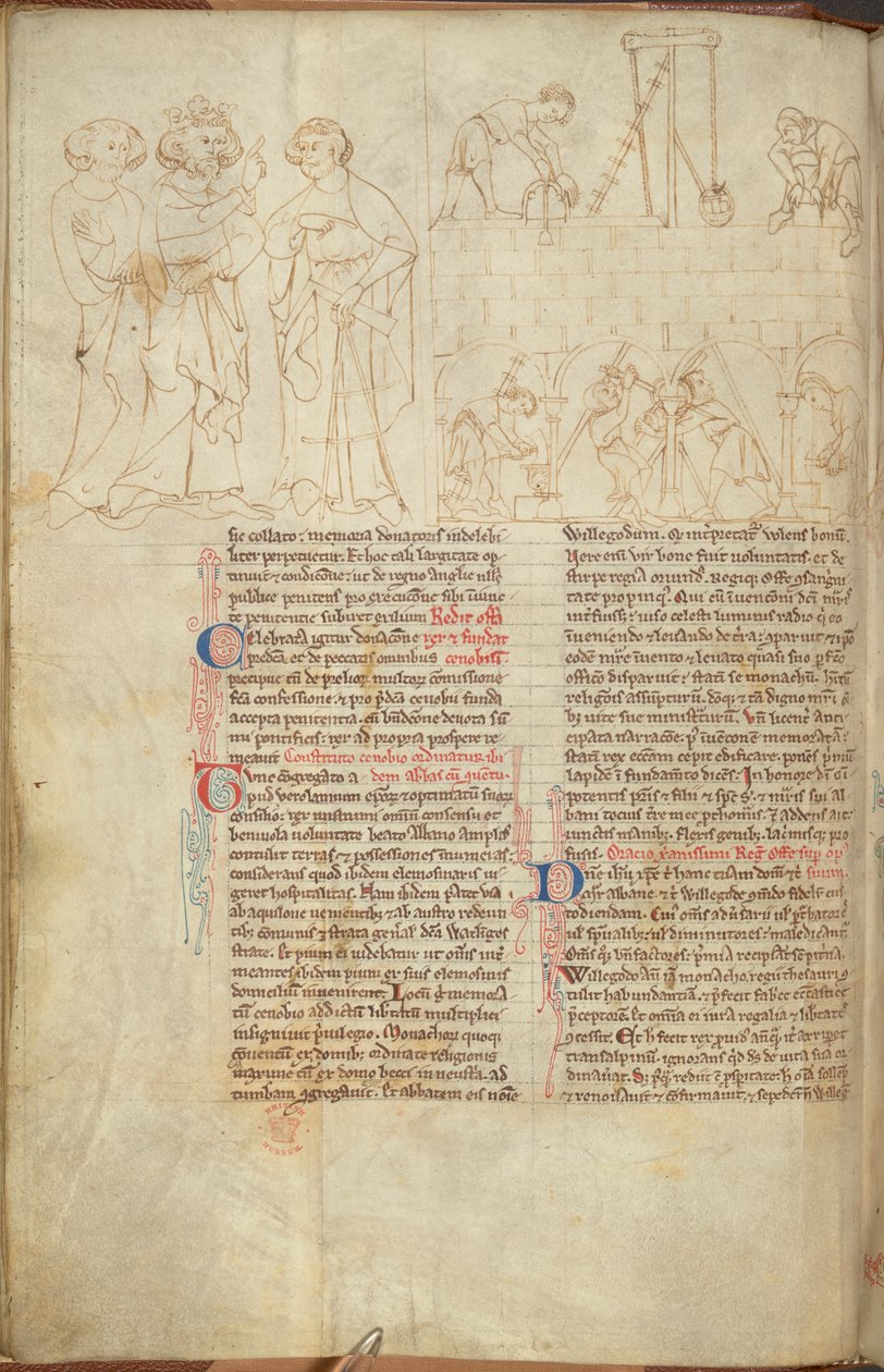 Cotton Nero D. I f.23v Cliffordin tornin rakennus St Albansissa, teoksesta "Lives of the Offas" (vellum) tekijältä English School