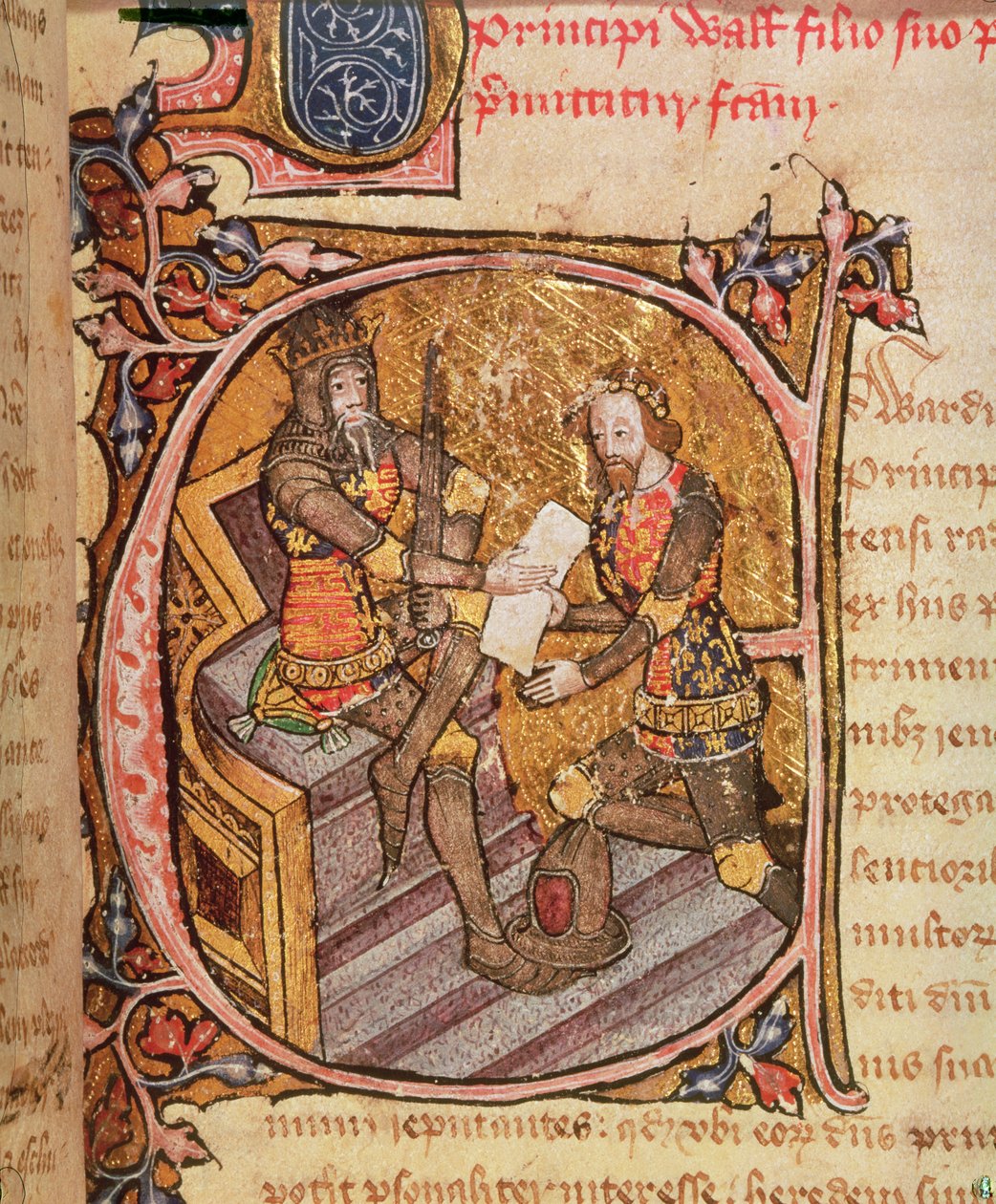 Cotton Nero D VI fol.31 Edward III myöntää Mustalle Prinssille Akvitanian ruhtinaskunnan tekijältä English School