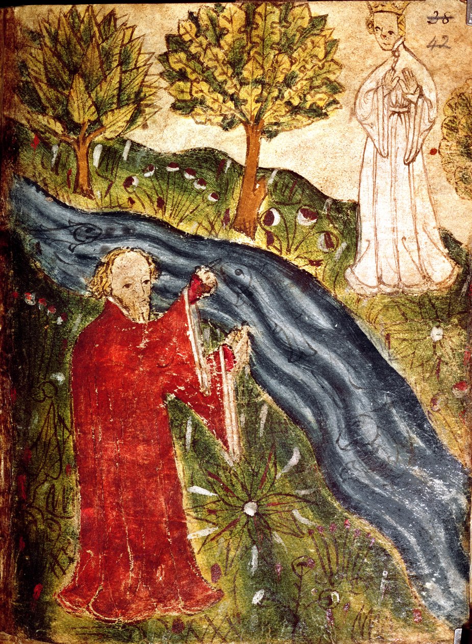 Cotton Nero Ms A X, f. 42 Unelmoija helmiäidon kanssa, n. 1375-1400 (vellum) tekijältä English School