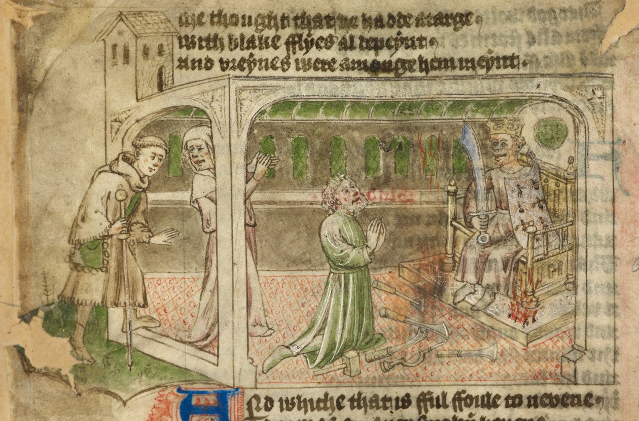 Cotton Tiberius A. VII, f.65v, The House of Idolary, jossa pyhiinvaeltaja tulee sisään ja mies palvoo kruunattua epäjumalaa (vellum) tekijältä English School