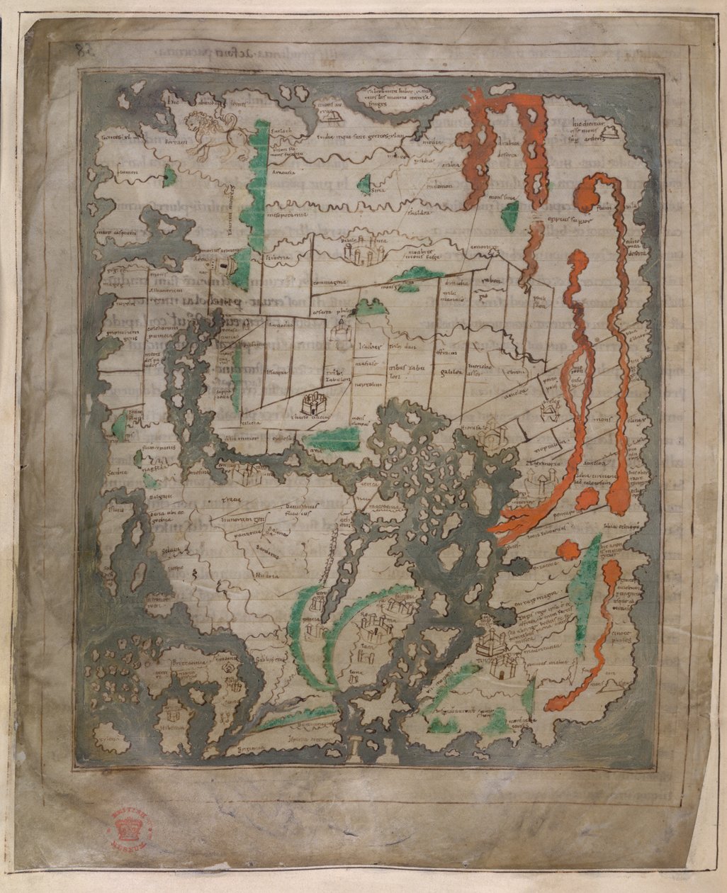Cotton Tiberius B.V, osa 1, f.56v Tiberiuksen kartta, Mappa Mundi (vellum) tekijältä English School