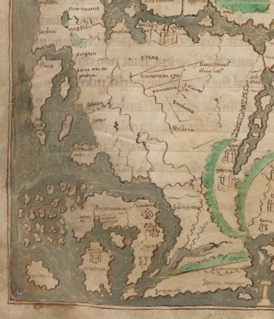 Cotton Tiberius B.V, osa 1, f.56v Tiberius-kartta, Mappa Mundi, yksityiskohta Länsi-Euroopasta ja Brittisaarista (vellum) tekijältä English School