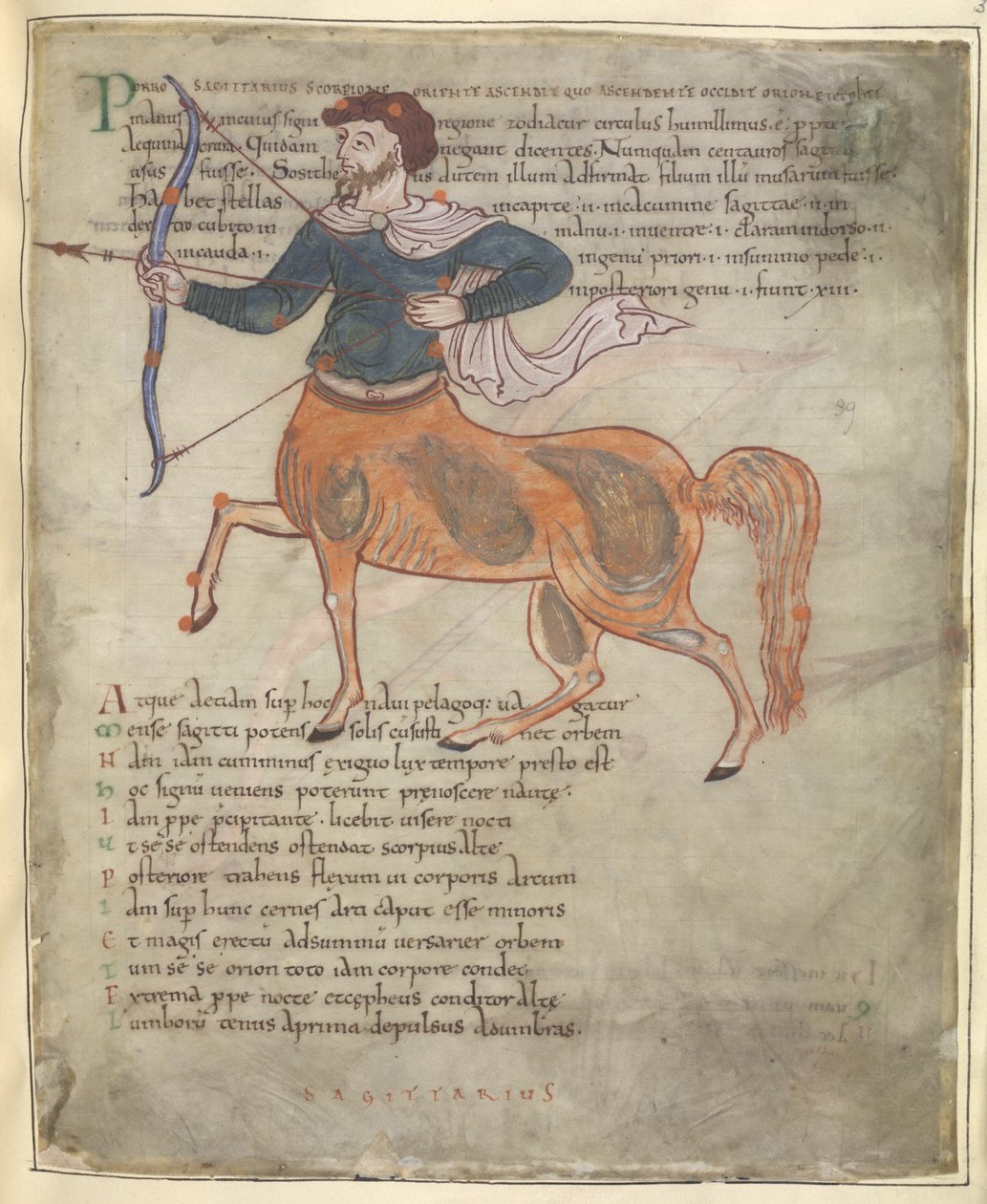Puuvilla Tiberius B. V, osa 1, f.37 "Jousimies", kuva "Ciceron Aratus" (vellum) tekijältä English School
