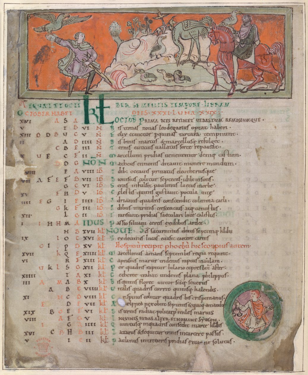 Puuvilla Tiberius B. V, osa 1, f.7v Kuvitus "anglosaksisesta kalenterista" (vellum) tekijältä English School