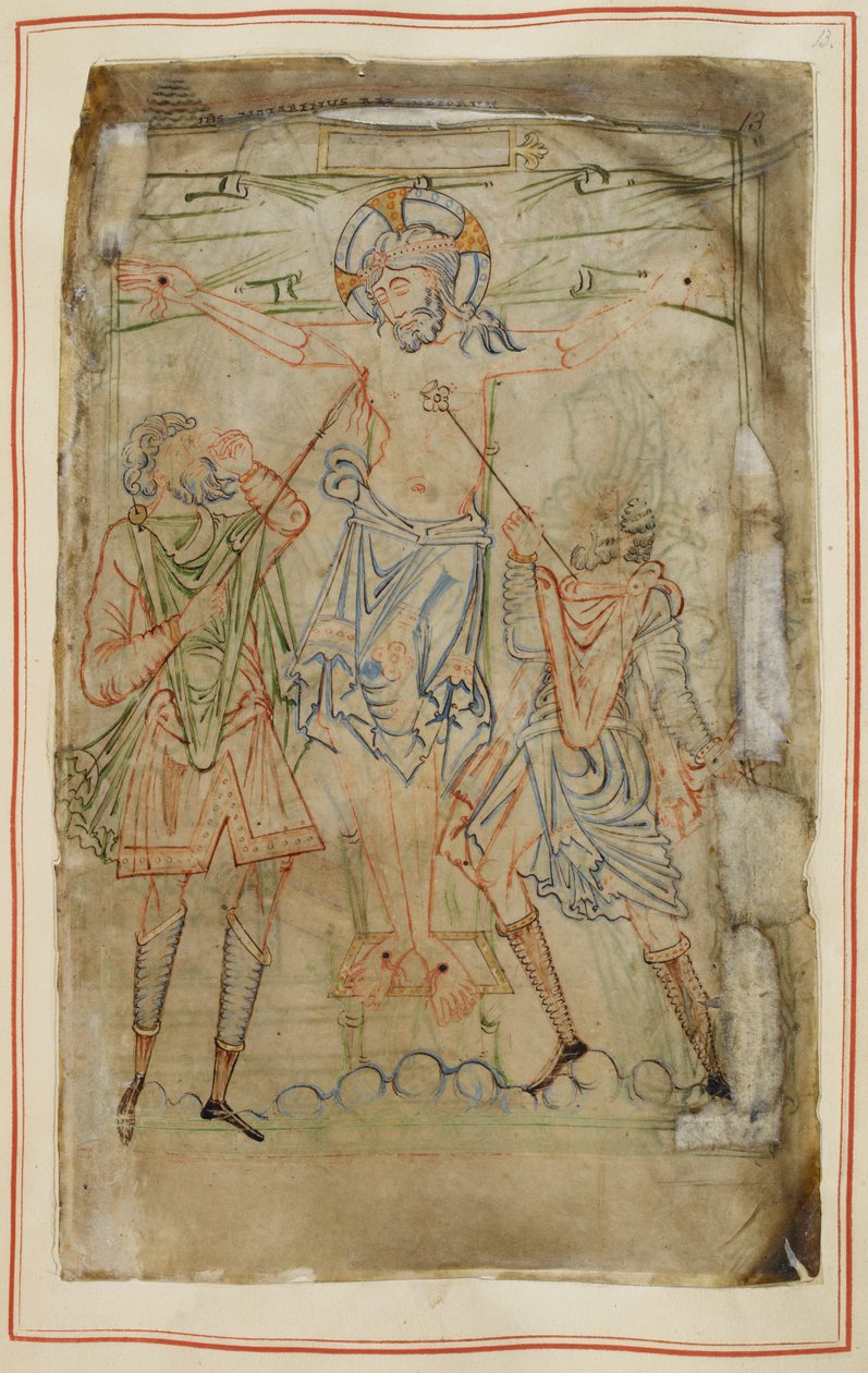 Puuvilla Tiberius C. VI, f.13 Ristiinnaulitseminen, Tiberiuksen psalterista, n. 1050 (vellum) tekijältä English School