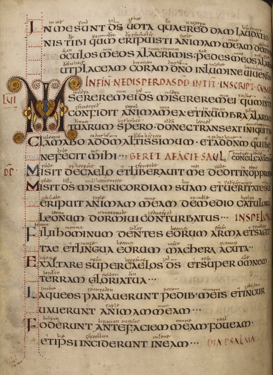 Puuvillainen Vespasianus A. I, f.55v Psalmi 56 vanhaenglannin kiiltävällä ja koristellulla alkukirjaimella MI tekijältä English School