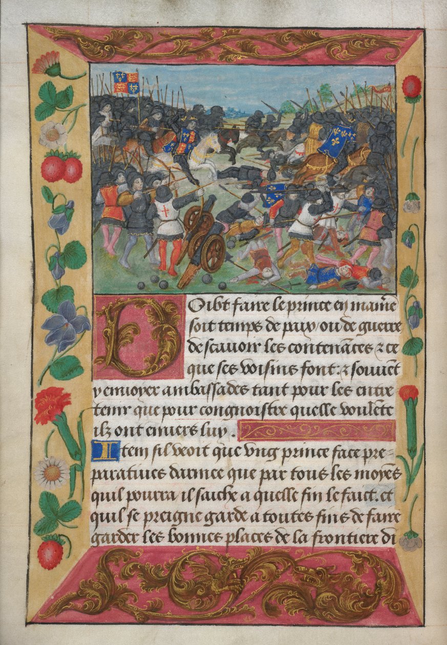 Puuvilla Vespasianus A xvii, f.13v, Englannin kuningas valkoisen hevosen selässä, jahtaamassa pakenevaa Ranskan kuningasta, Robert de Balsac