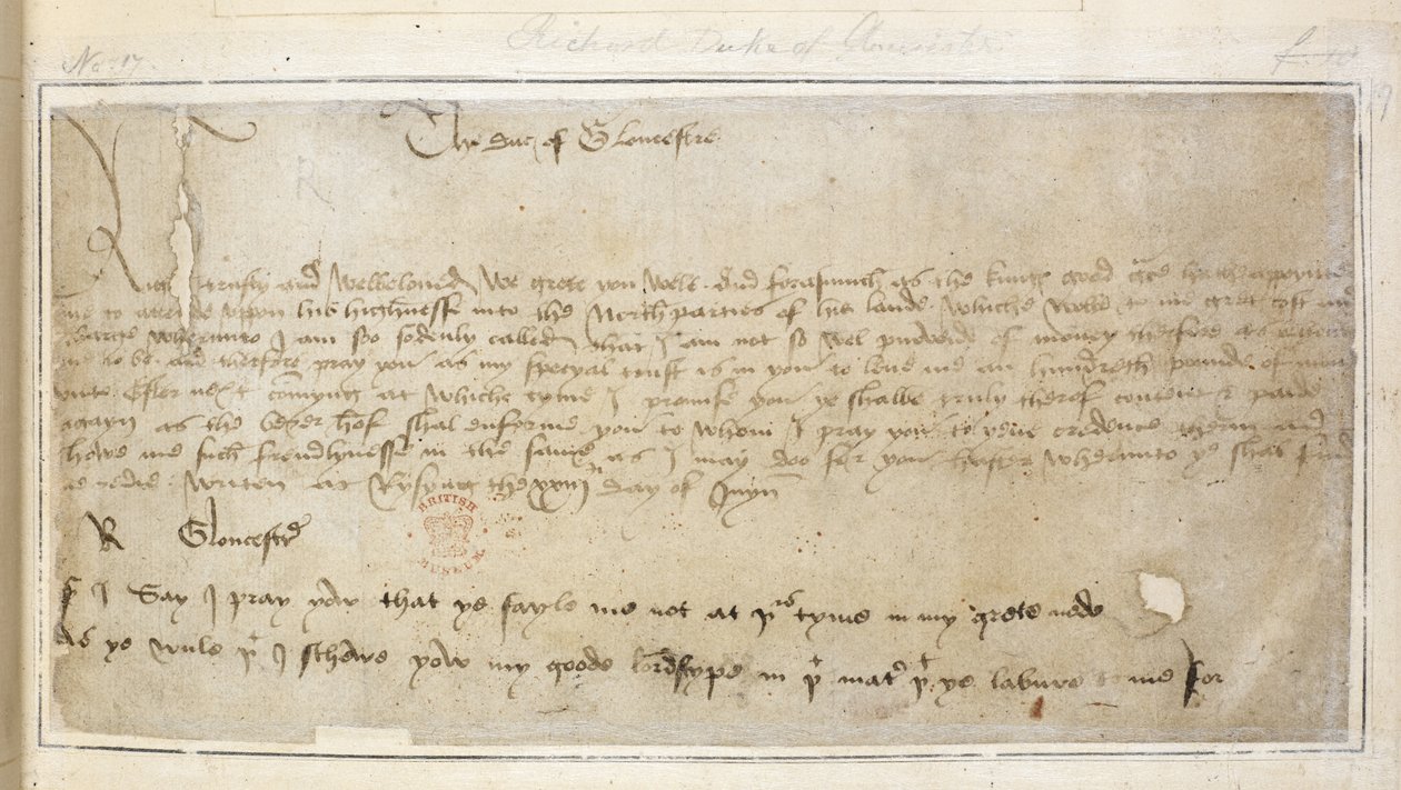 Cotton Vespasianus MS F III f.19 Richardin ensimmäinen säilynyt kirje Sir John Saylle tekijältä English School