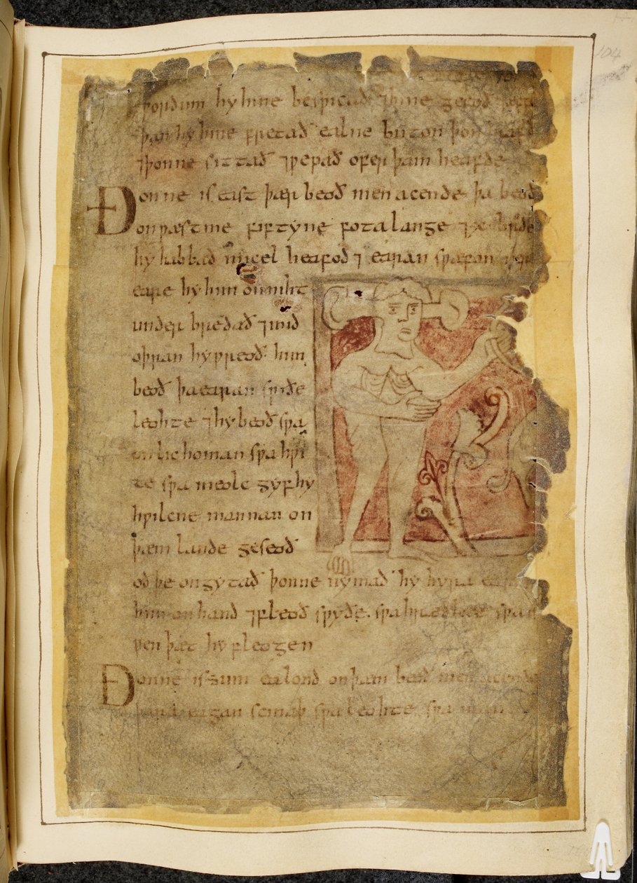 Cotton Vitellius A. XV f.104r, A panotii, eli mies, jonka korvat ulkonevat varrelle, pitelee jouselta näyttävää esinettä, kuva Beowulfista, Nowell Codexista (muste pergamentilla) tekijältä English School