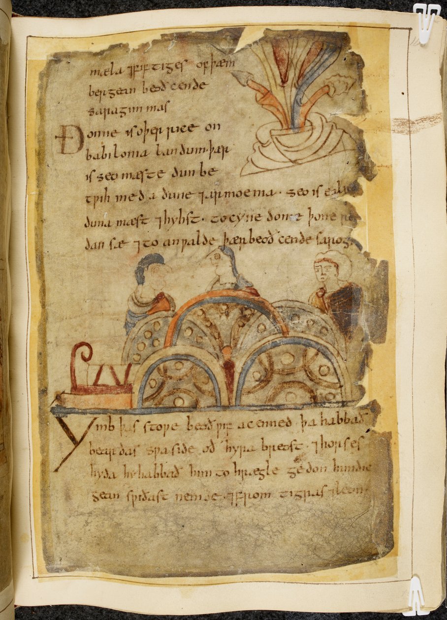 Puuvilla Vitellius A. XV f.105, kultainen viinipuu; kolme henkilöä puhumassa, edustaen ystävällistä kansakuntaa, joka hallitsee Punaista merta, josta löytyy parhaat helmet, kuva Beowulfista, Nowell Codexista (muste pergamentille) tekijältä English School