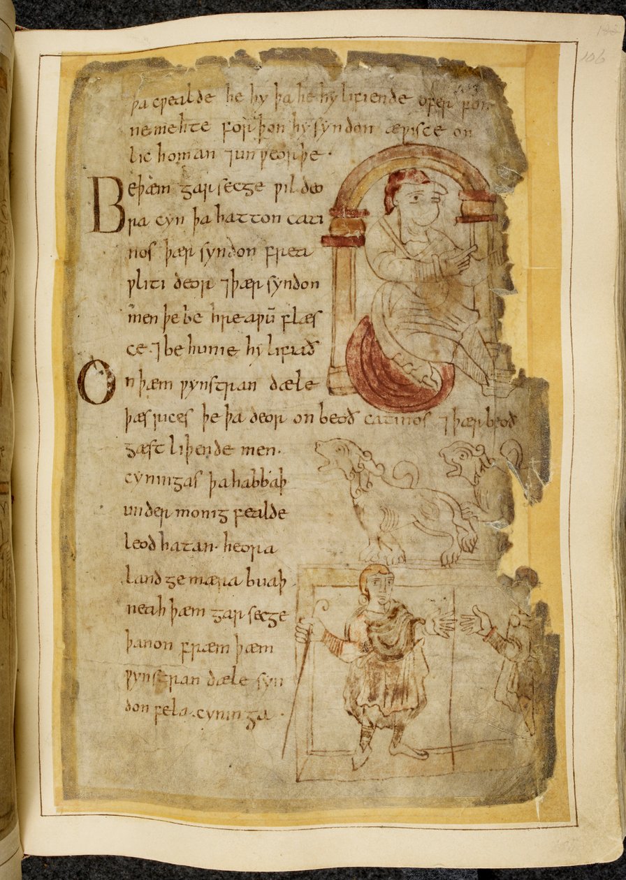 Puuvilla Vitellius A. XV f.106r, Mies istuu tyynyllä kaaren alla; kaksi catinia, avoinsuinen petoa kuin koirat; pukeutunut mies sauvansa kanssa, ojentaa kätensä toiselle miehelle, kuva Beowulfista, Nowell Codexista (muste pergamentilla) tekijältä English School