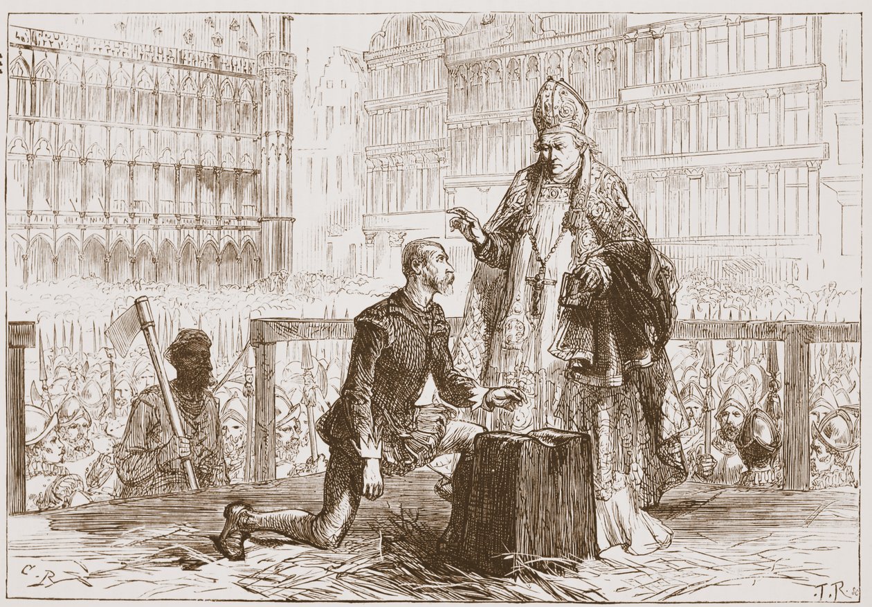 Kreivi Egmont telineellä ennen teloitustaan, kuvitus James Aitken Wylien (1808-1890) teoksesta "Protestantismin historia", pub. 1878 (kaiverrus) tekijältä English School