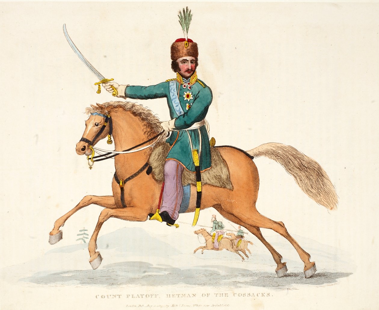 Kreivi Platoff, kasakkojen hetmani, pubi. kirjoittanut Richard Evans, engr Romney, kuvitus William Mudfordin historiallisesta kertomuksesta Waterloon taistelusta, 1816 tekijältä English School