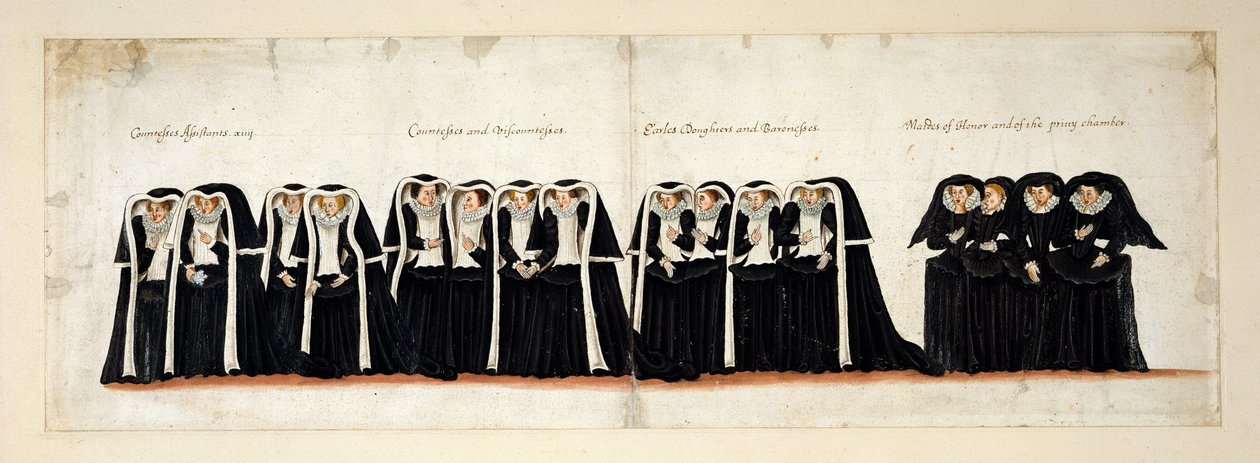 Kreivitärten avustajat; Kreivitär ja varakreivitär; jaarlien ja paronitareiden tyttäret; Maids of Honor ja Privy Chamber. Osa kuningatar Elisabet I:n hautajaiskulkueesta Westminster Abbeyyn 28. huhtikuuta 1603 tekijältä English School