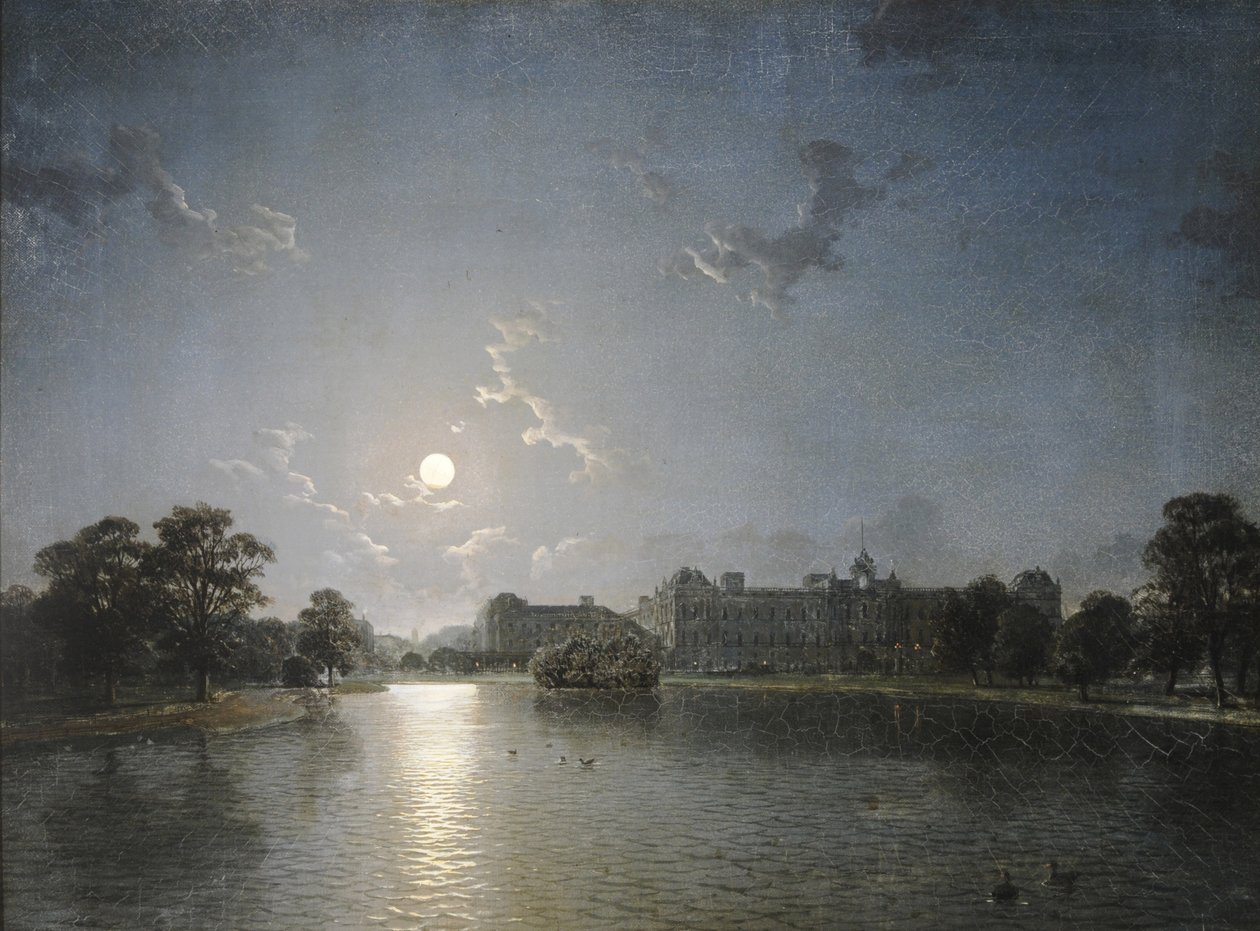 Maalaistalo järven toisella puolella kuutamolla, n. 1850 (öljy kankaalle) tekijältä English School
