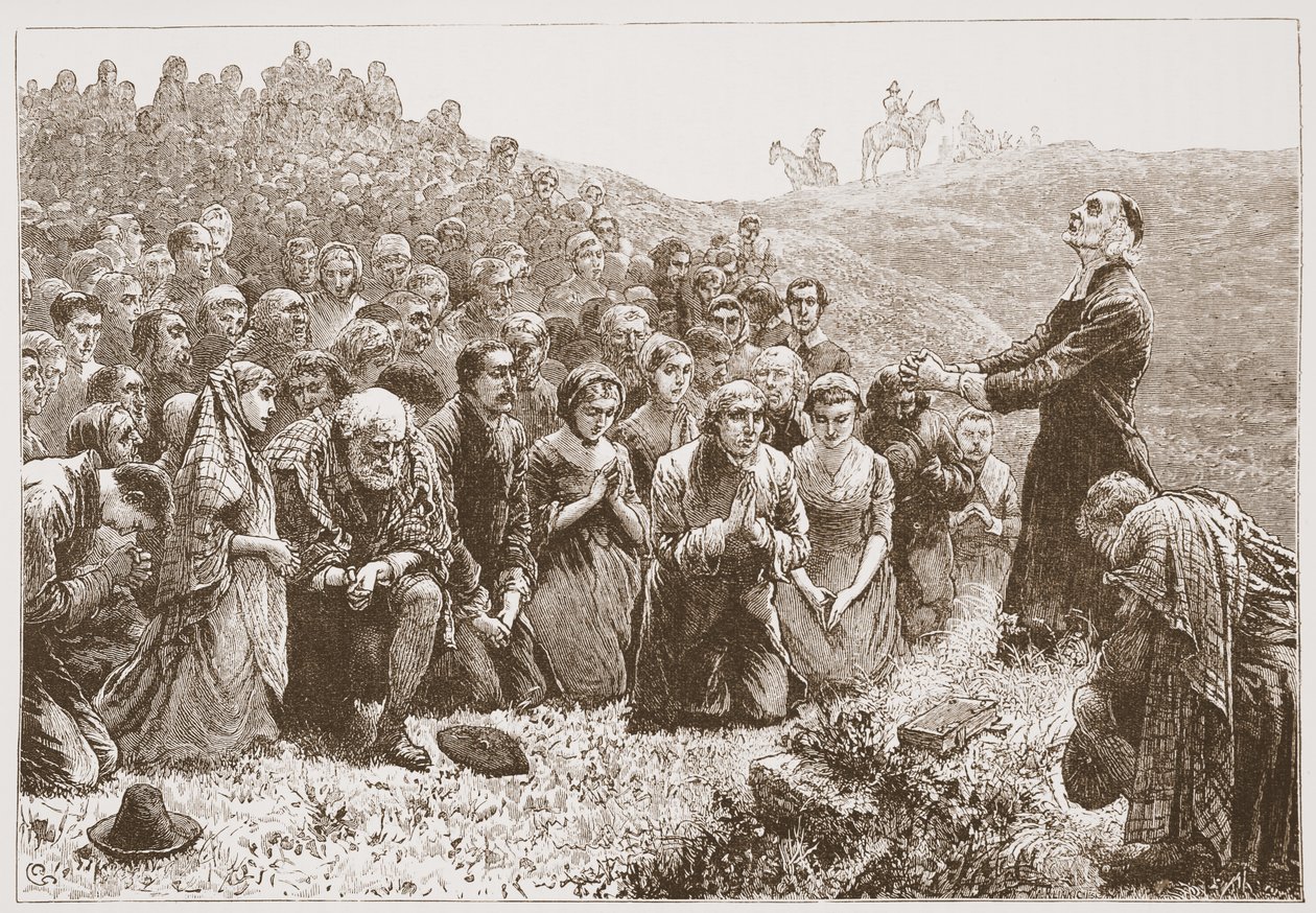 Covenanters palvomassa Whitadderin rannoilla, kuvitus James Aitken Wylien (1808-1890) Protestantismin historiasta, pub. 1878 tekijältä English School