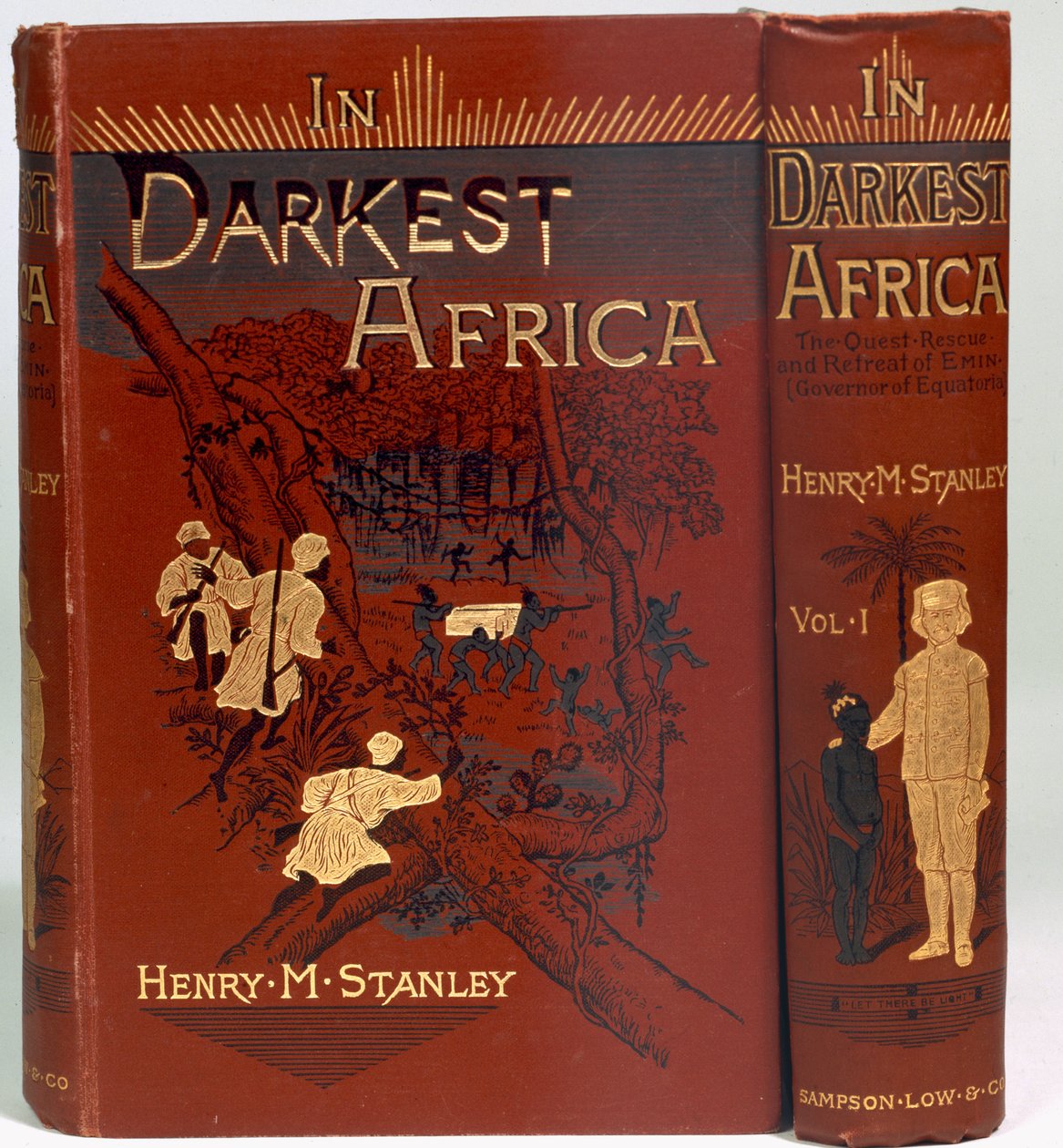 Kansi teoksesta In Darkest Africa: or The Quest, Rescue ja Retreat of Emin (Equatorian kuvernööri), osa I, julkaistu 1890 tekijältä English School