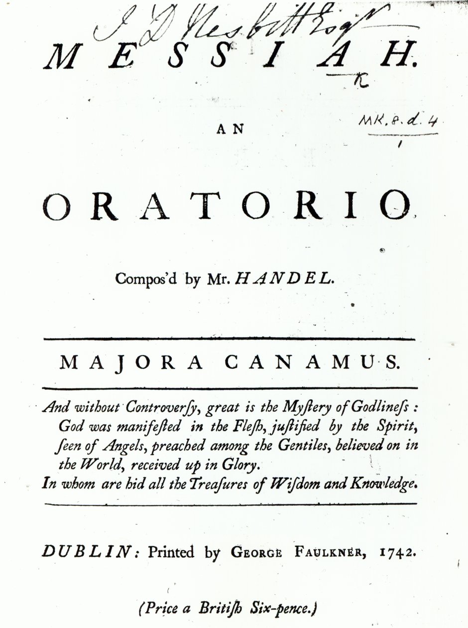Händelin Messiaan nuottien kansikuva, julkaistu vuonna 1742 tekijältä English School