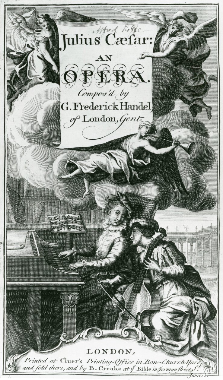 Kansi nuottien Julius Caesarille, Händelin oopperalle, julkaistu vuonna 1724 (kaiverrus) (bw kuva) tekijältä English School