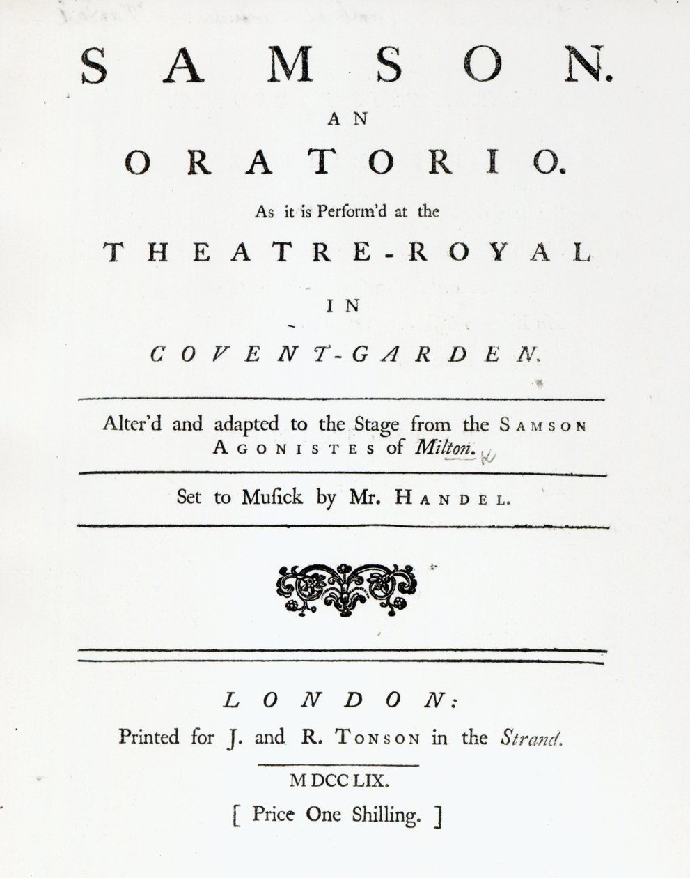 Händelin oratorion Samsonin nuottien kansikuva, julkaistu vuonna 1759 tekijältä English School