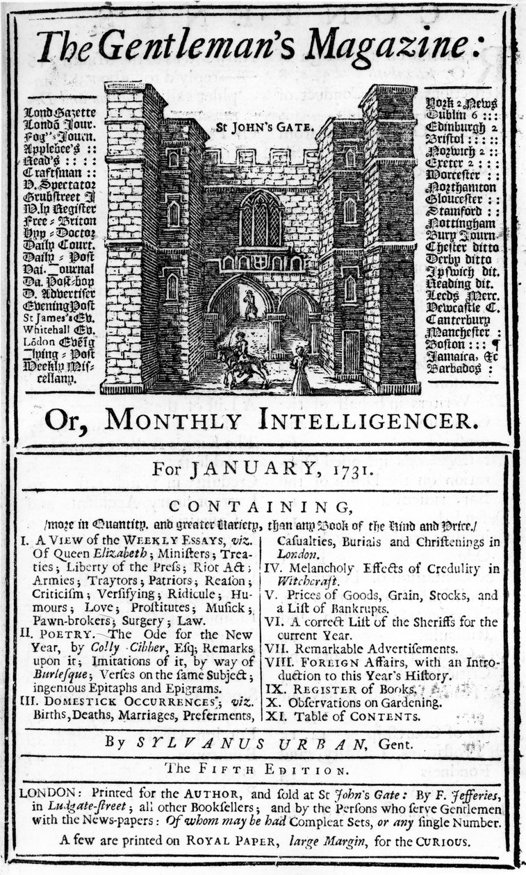Tammikuussa 1731 julkaistun The Gentlemans Magazinen ensimmäisen painoksen kansi tekijältä English School