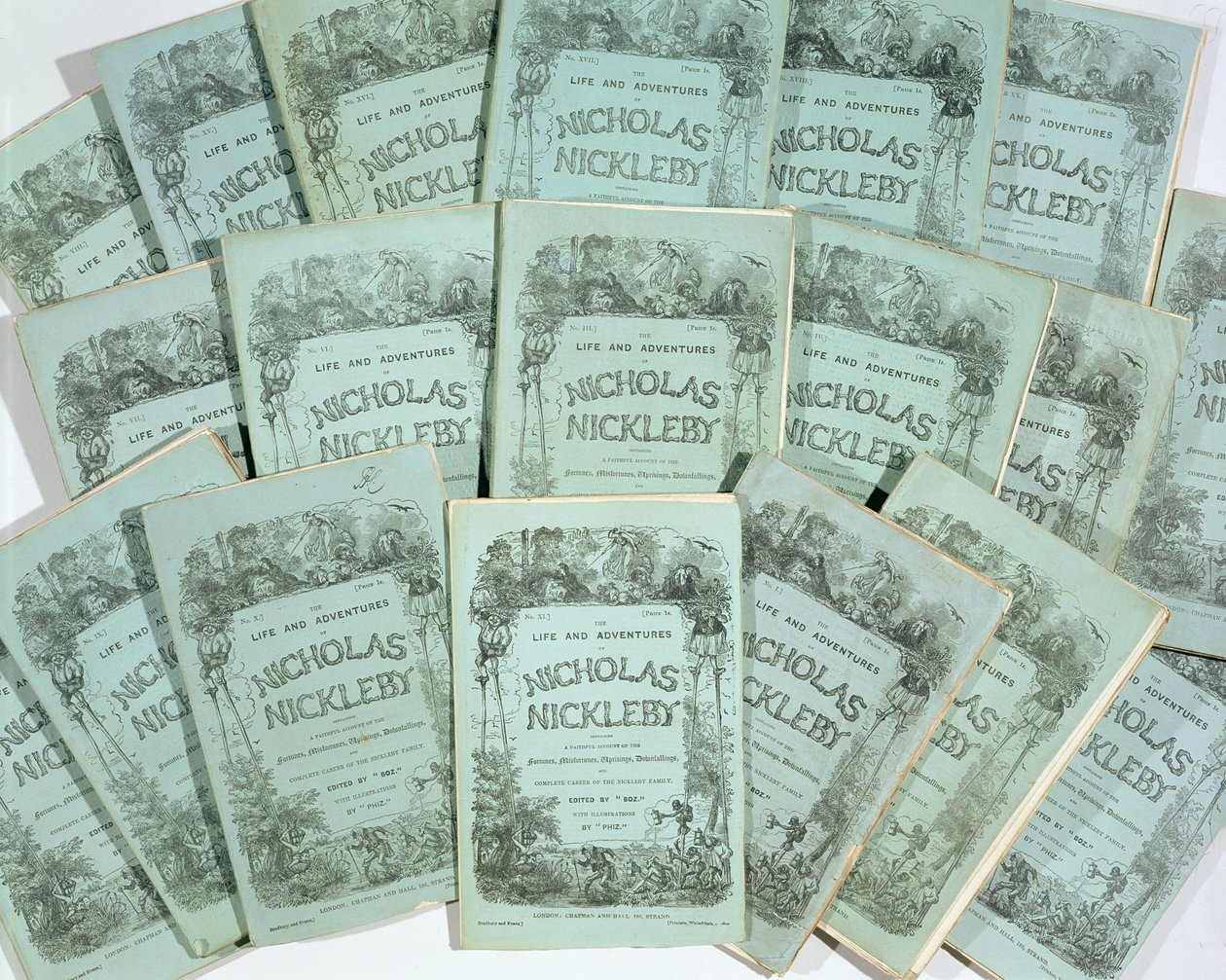 Kannet Charles Dickensin (1812-70) Nicholas Nicklebyn elämä ja seikkailut -julkaisusta, joka julkaistiin vuonna 1839 (katso 136075) tekijältä English School