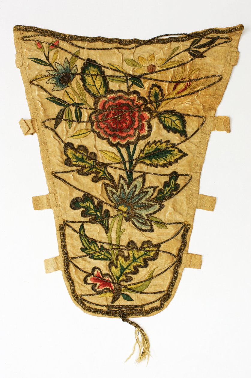 Kermanvärinen Stomacher brodeerattu kukkakuilulla värillisellä ja hopeakullatulla langalla, n. 1700-50 (silkki) tekijältä English School