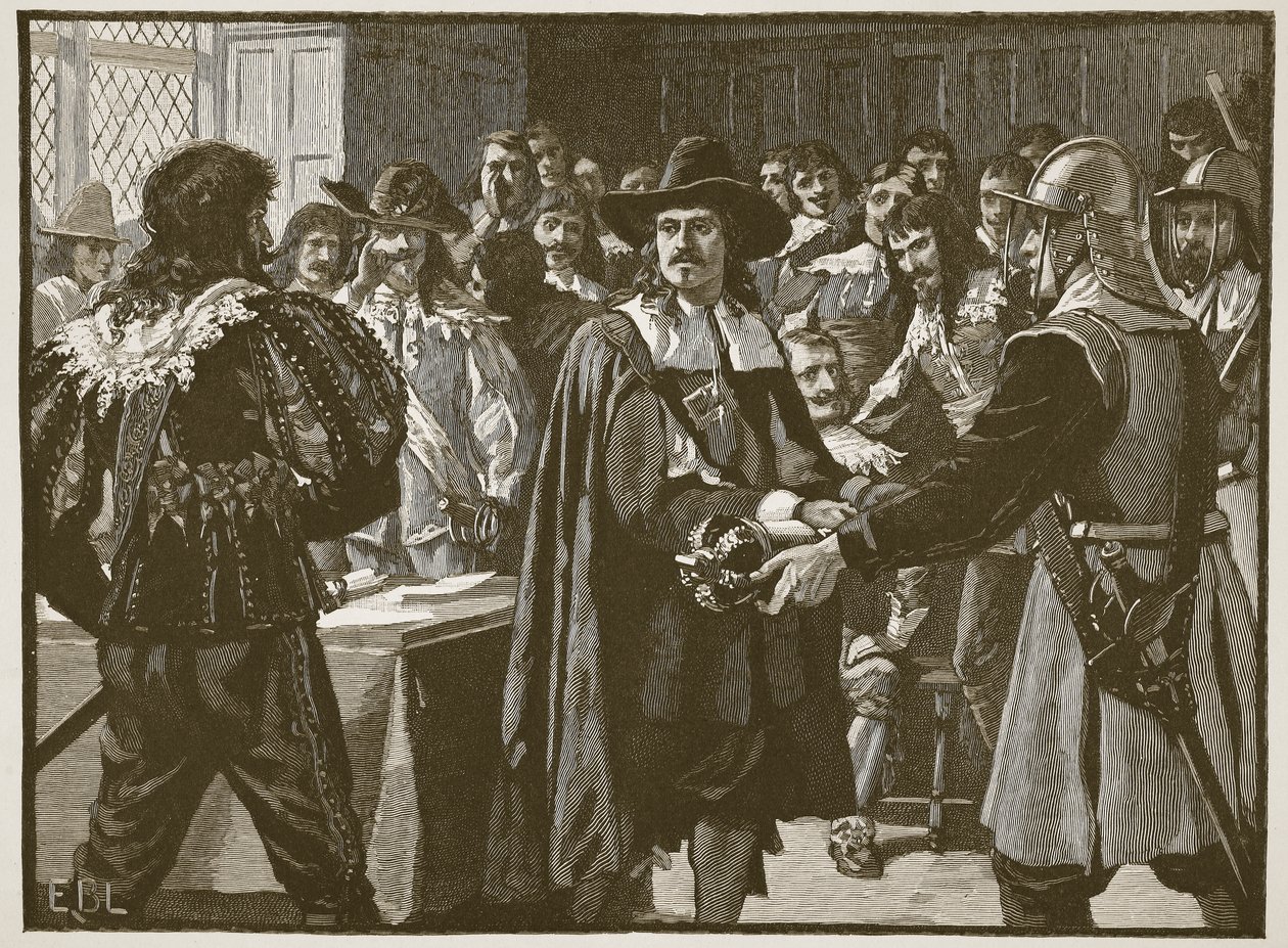 Cromwell hajottaa pitkän parlamentin, kuvitus Cassells Illustrated History of Englandista (seepiakuva) tekijältä English School