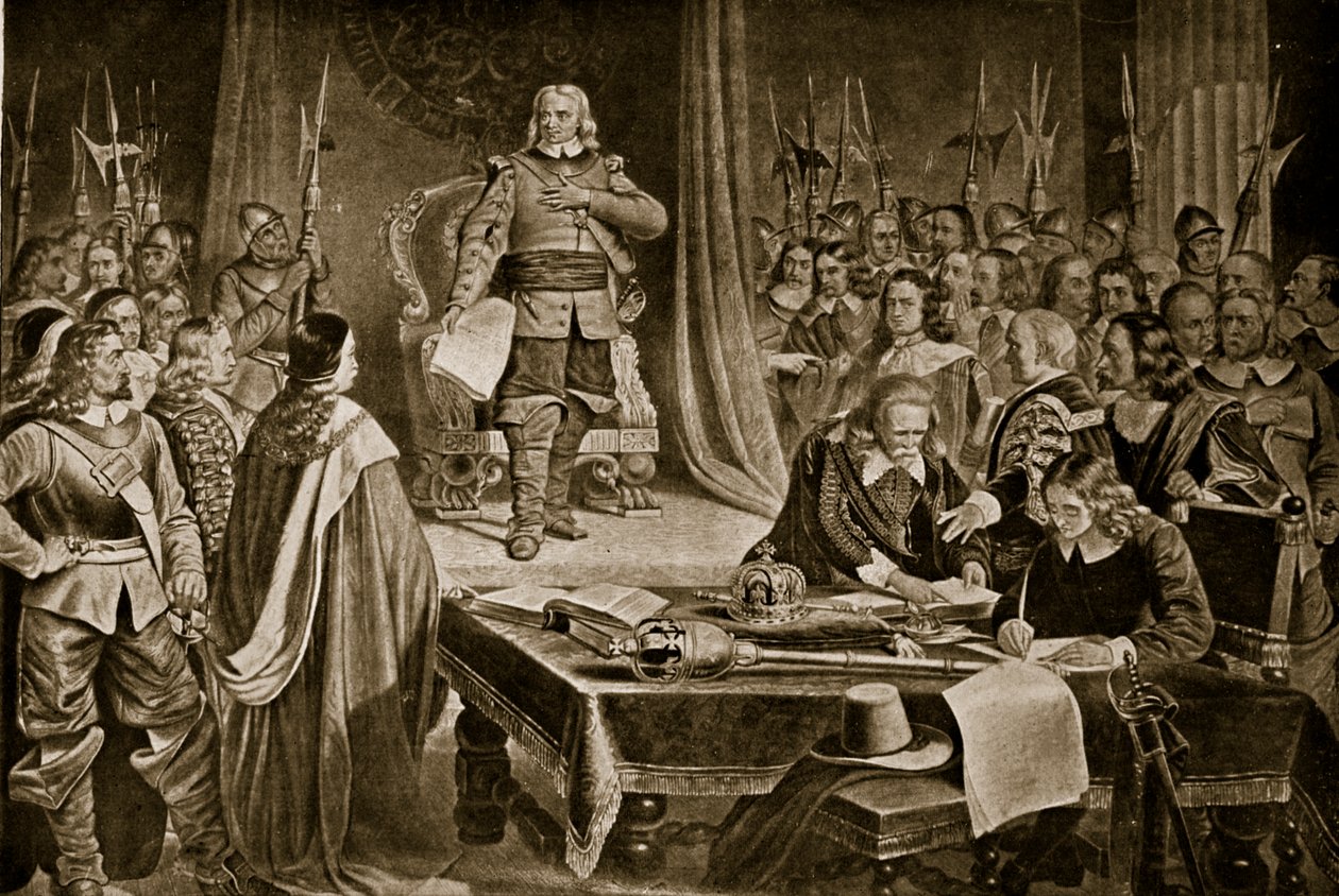 Cromwell kieltäytyy kruunusta, kuvitus Hutchinsons Story of the British Nationista, n. 1923 tekijältä English School