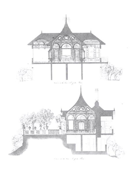 Poikkileikkaukset Buckinghamin palatsin kesätalosta Ludwig Grunerin (1801-82) ja Anna Brownell Jamesonin (1794-1860) teoksesta The Decorations of the Garden Pavilion in the Grounds of Buckingham Palace, 1846 (kaiverrus) (b/w) kuva) tekijältä English School