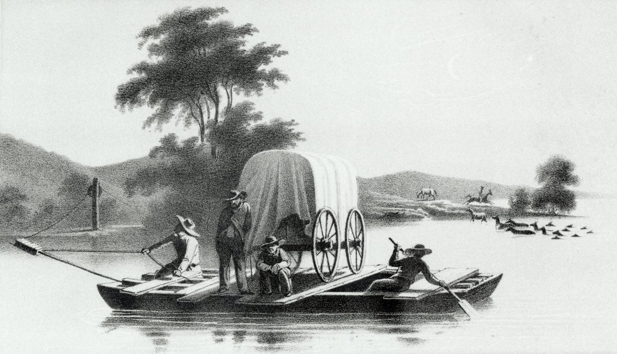 Crossing of the Platte Mouth of Deer Creek, Howard Stansburyn julkaisusta Exploration and Survey of the Valley of the Great Salt Lake of Utah, julkaistu 1852 tekijältä English School
