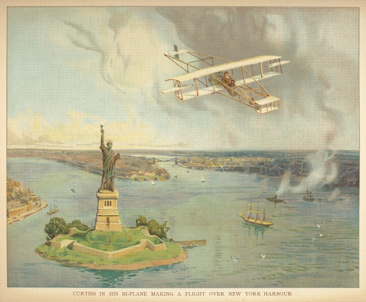 "Curtiss kaksilentokoneessaan lentää New Yorkin sataman yli." Pienten ihmisten kirja ilmalaivoista. Lontoo: Ernest Nister, [1912] tekijältä English School