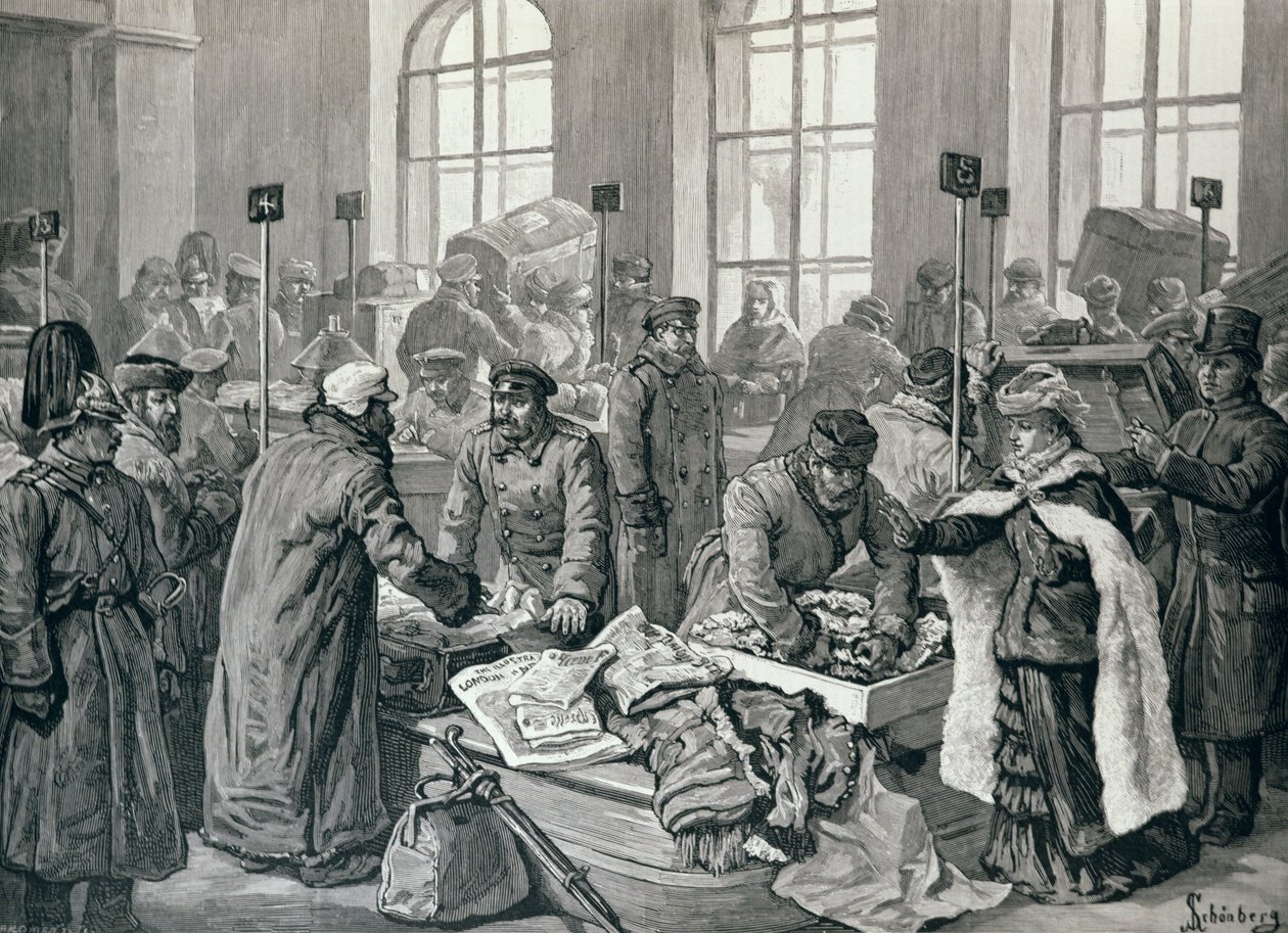 Tullivirkailijat tutkivat matkustajien matkatavaroita Saksasta Wirballenissa Venäjän rajalla, "The Illustrated London News", 29. tammikuuta 1887 tekijältä English School