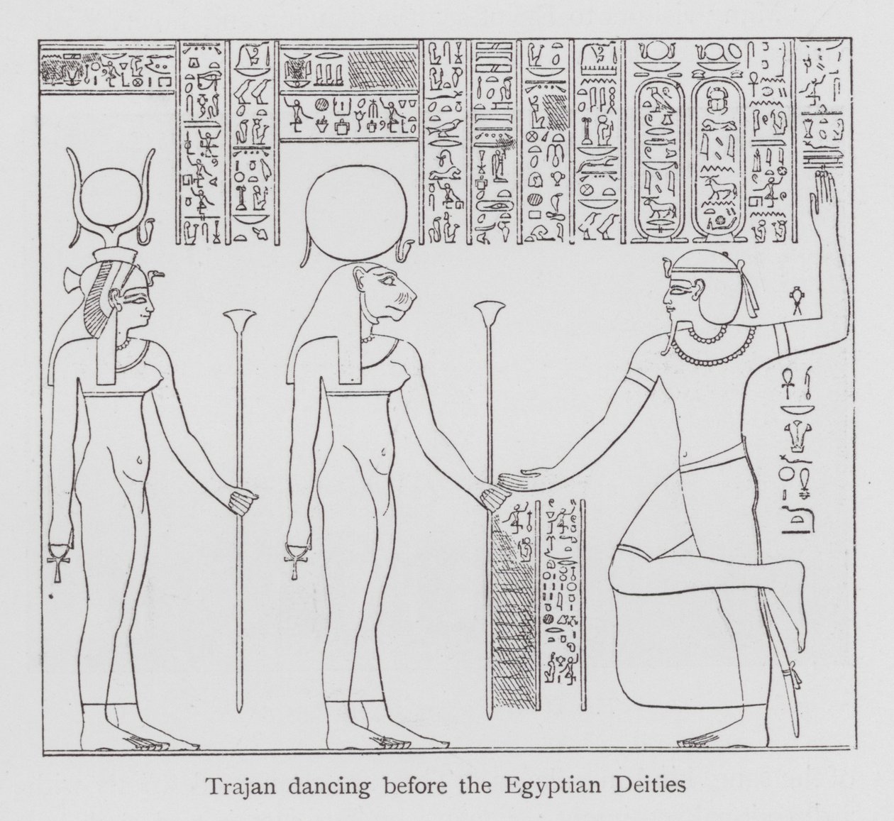 Tanssi: Trajanus tanssii egyptiläisten jumaluuksien edessä (litho) tekijältä English School