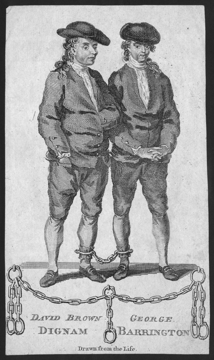 David Brown Dignam ja George Barrington, kuvitus London Magazinesta, toukokuu 1777 tekijältä English School