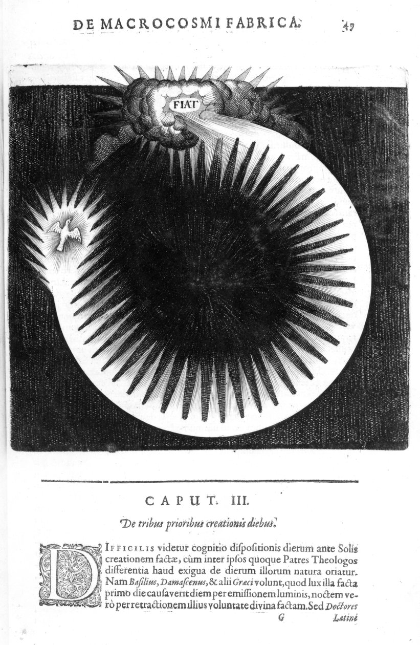 Kolmella ensimmäisellä luomispäivällä, Robert Fluddsin kirjasta Historia of the Giant Cosmopolitan, 1617-19 tekijältä English School