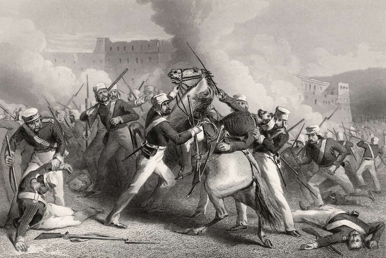Prikaatikenääri Adrian Hopen kuolema Roodmowin linnakkeen hyökkäyksessä 15. huhtikuuta 1858, vuonna 1858 julkaistusta "Intian kapinan historiasta" tekijältä English School