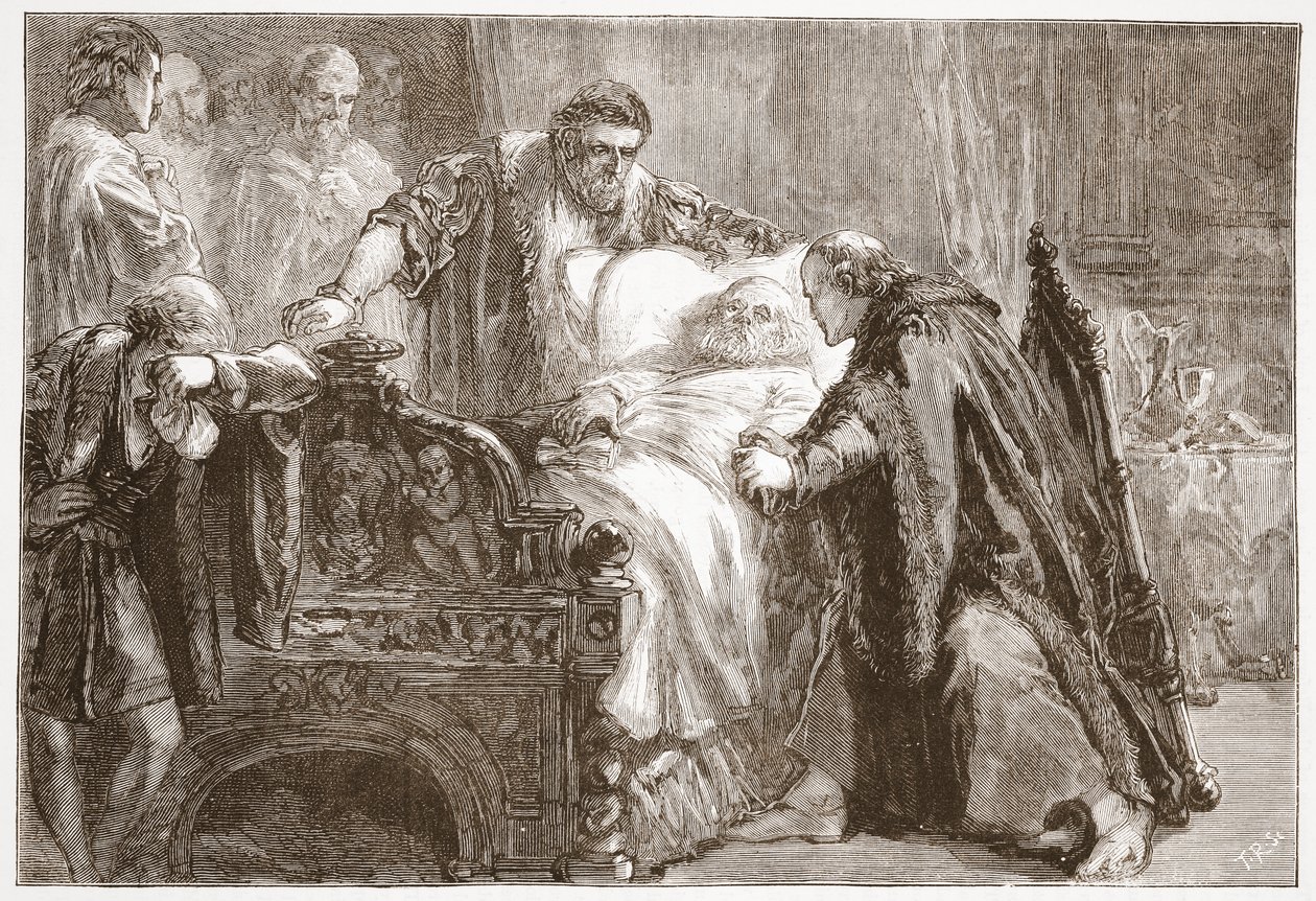 Saksin vaaliruhtinas Frederic Viisaan kuolema, kuvitus James Aitken Wylien (1808-1890) Protestantismin historiasta, pub. 1878 tekijältä English School
